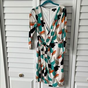 Tahari Blue and Orange Sheath Dress with 3/4 Sleeves